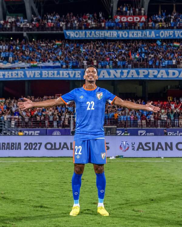 Aashique Kuruniyan celebrating on the football pitch