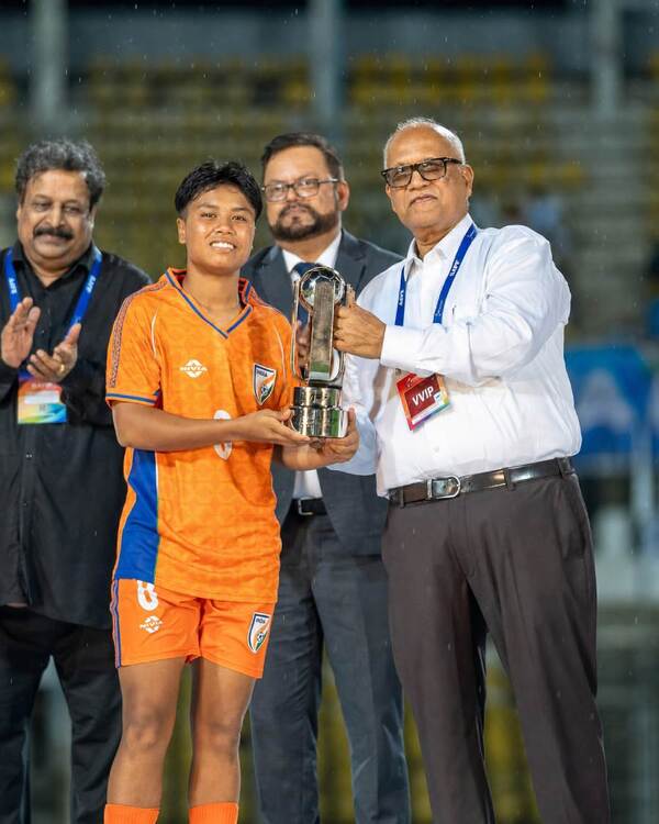Sanfida Nongrum celebrating her debut goal for the Indian women's national football team